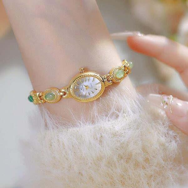 Gold Tone Watches for Women with Small Vintage Bracelet Elegant Jade Oval Dial Dress Watch Fashion Quartz Wrist Watch Waterproof Watch - Image 5