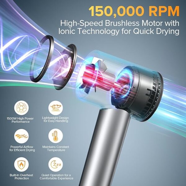 Hair Dryer, 150,000 RPM Brushless Motor, Ultra-Fast Drying with 3 Heat Settings & LED Lights, Salon, Travel Use - Image 3