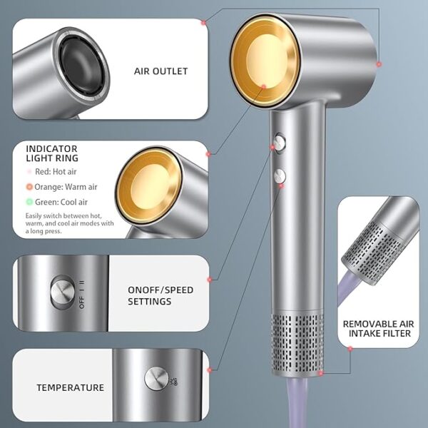 Hair Dryer, 150,000 RPM Brushless Motor, Ultra-Fast Drying with 3 Heat Settings & LED Lights, Salon, Travel Use - Image 6