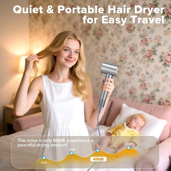 Hair Dryer, 150,000 RPM Brushless Motor, Ultra-Fast Drying with 3 Heat Settings & LED Lights, Salon, Travel Use - Image 2