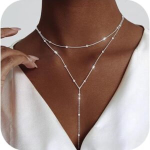 Silver Y-Shaped Pendant Necklaces Trendy Beaded Chain Drop Necklaces Jewelry for Women Gifts