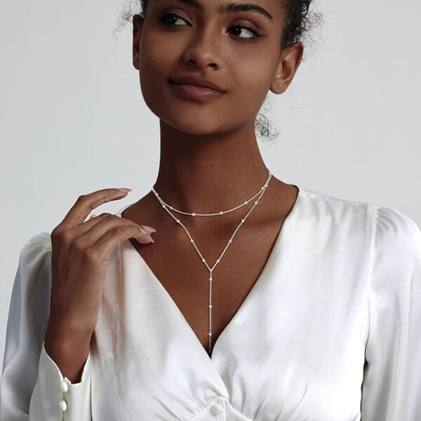Silver Y-Shaped Pendant Necklaces Trendy Beaded Chain Drop Necklaces Jewelry for Women Gifts - Image 3