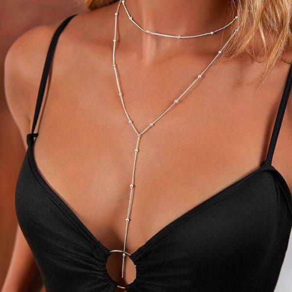 Silver Y-Shaped Pendant Necklaces Trendy Beaded Chain Drop Necklaces Jewelry for Women Gifts - Image 4
