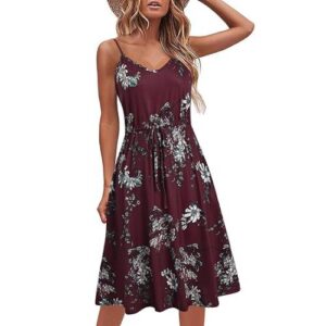 Women's Casual Summer Dress Beach Sleeveless Spaghetti Strap Adjustable Waist A Line Sun Dresses with Pockets