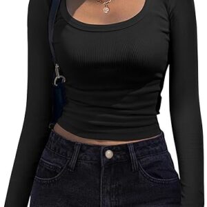 Women's Long Sleeve Scoop Neck Shirts Casual Slim Fit Rib Knit Tops Summer Fall Basic Business Work Tee