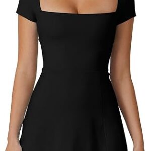 Womens Square Neck Tennis Dress Short Sleeve Built in Shorts Golf Athletic Dress with Pockets Black
